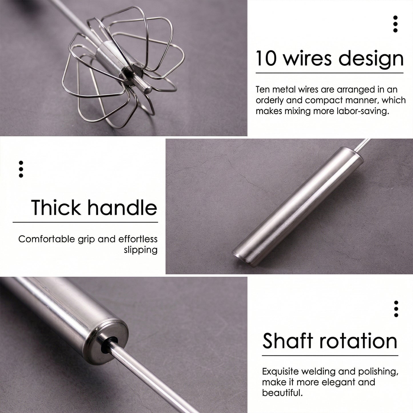 Stainless steel hand push rotary whisk by Wukusy, 29 cm, durable kitchen tool for mixing and whipping ingredients.
