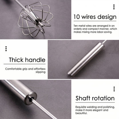Stainless steel hand push rotary whisk by Wukusy, 29 cm, durable kitchen tool for mixing and whipping ingredients.