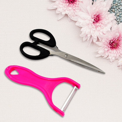 Wukusy stainless steel kitchen scissors and multipurpose peeler set with mix design, featuring durable blades for versatile kitchen tasks.