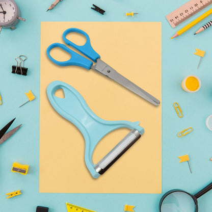 Wukusy stainless steel kitchen scissors and multipurpose peeler set with mixed design, suitable for various food prep tasks.