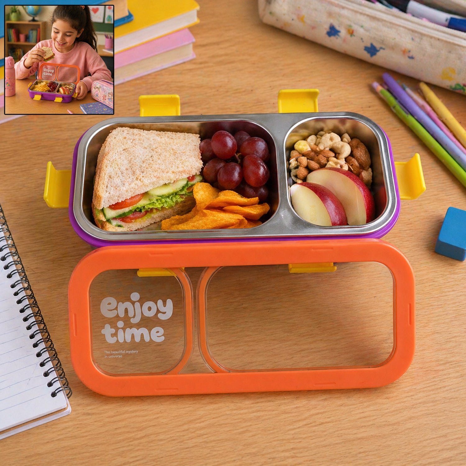 Wukusy stainless steel leak-proof lunch box with two compartments, including a spoon and fork for convenient meal packing.