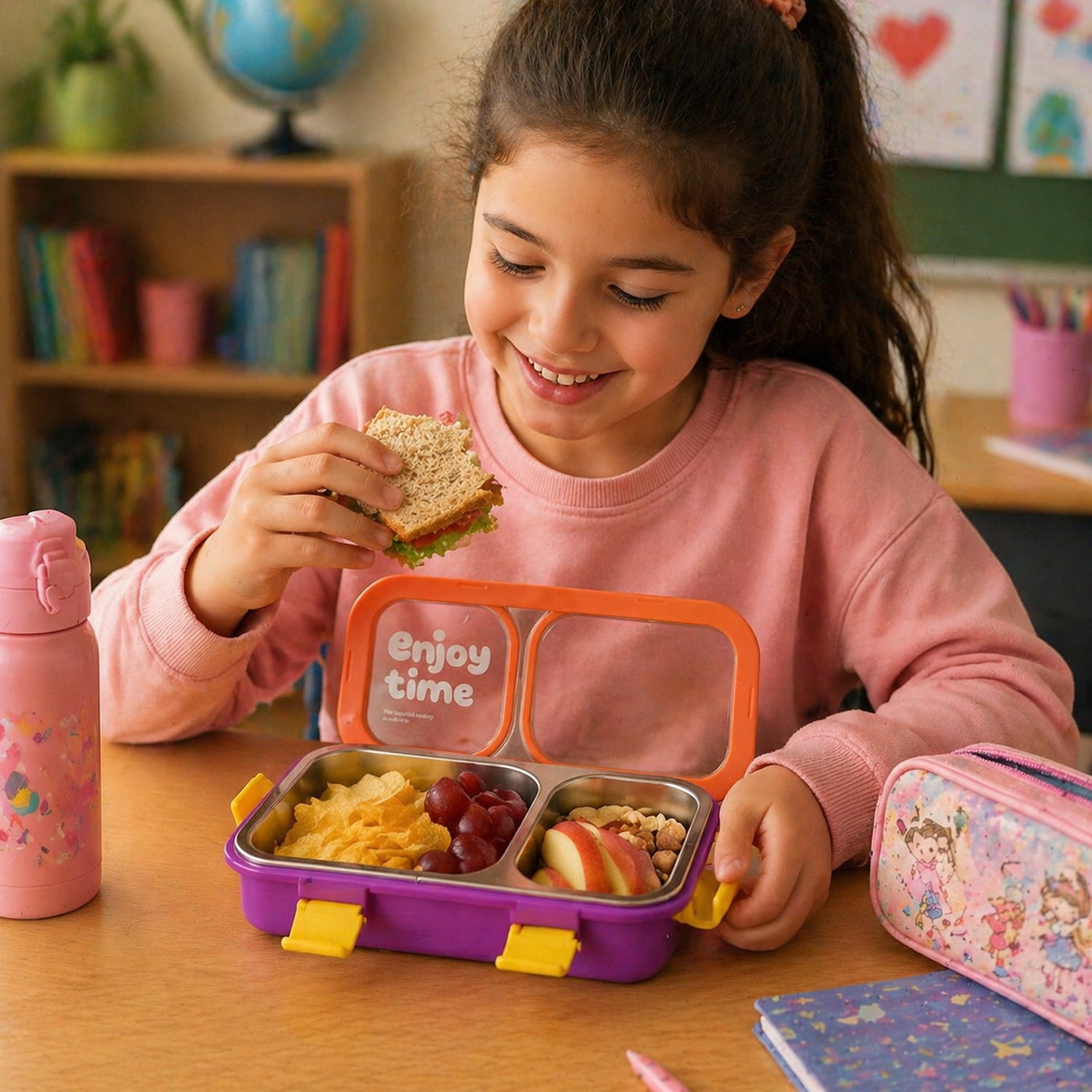 Wukusy stainless steel leak-proof lunch box with two compartments, included spoon and fork, perfect for meal storage and transport.