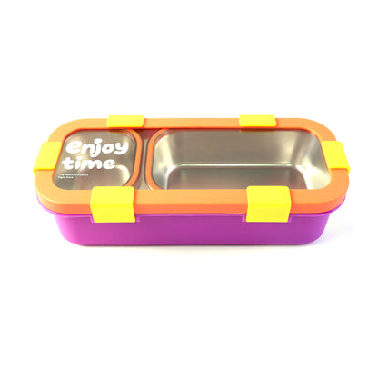 Stainless steel leak-proof Wukusy lunch box with 2 compartments, spoon, and fork for portable meal storage.