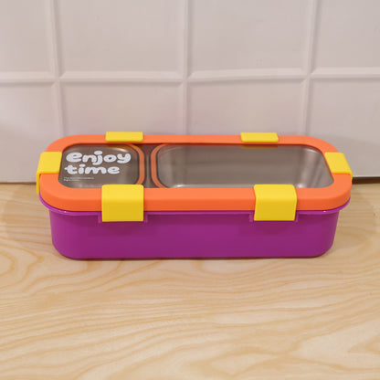 Wukusy stainless steel leak-proof lunch box with two compartments, spoon, and fork for portable meal storage.