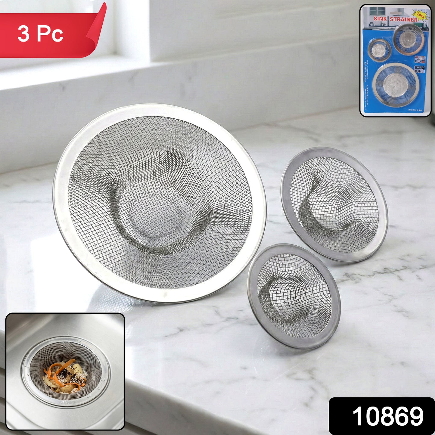 Wukusy stainless steel sink drain strainer set with three durable, mesh strainers for kitchen sink drainage.