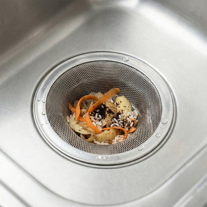 Wukusy stainless steel sink drain strainer set with three durable, mesh strainers for kitchen sink drainage.