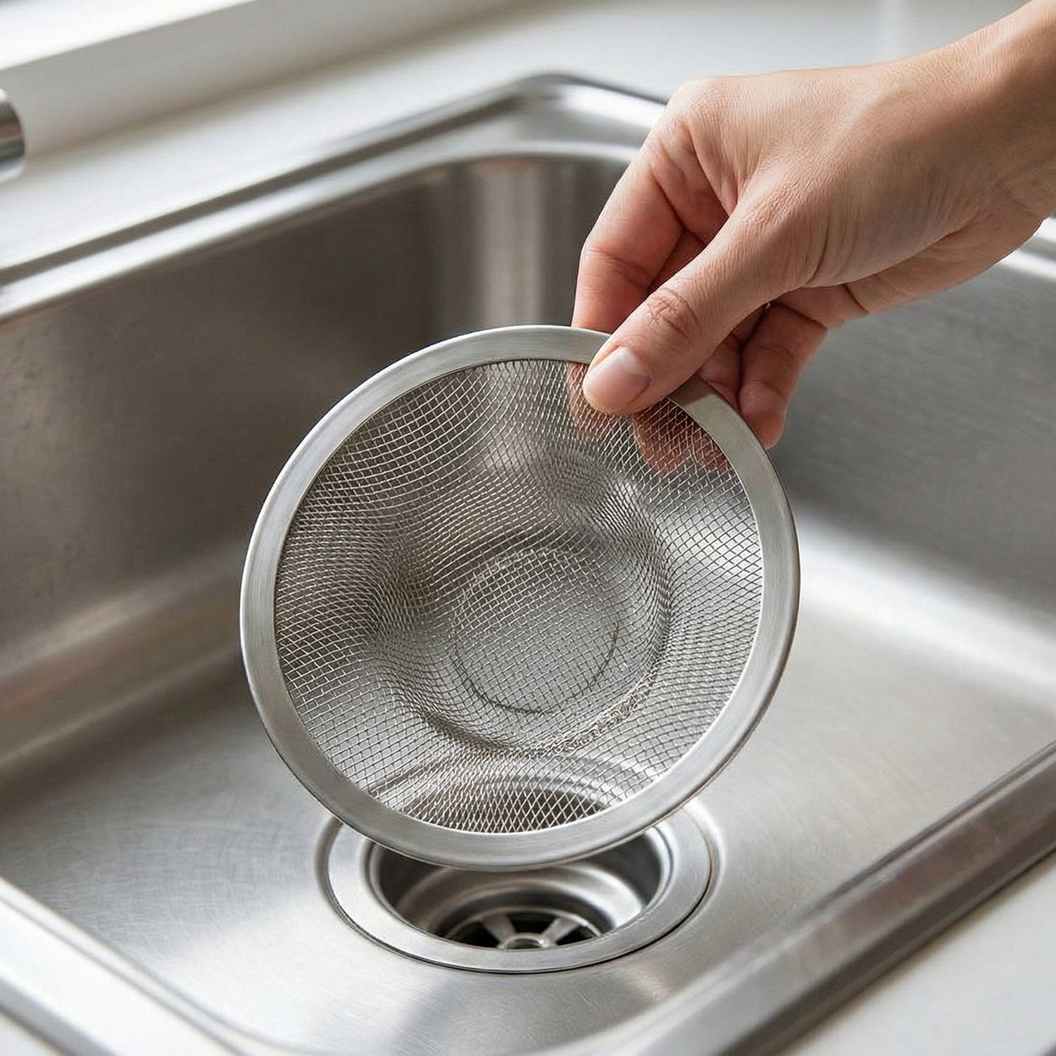 Wukusy stainless steel sink drain strainer set with three durable, mesh strainers for kitchen sink drainage.