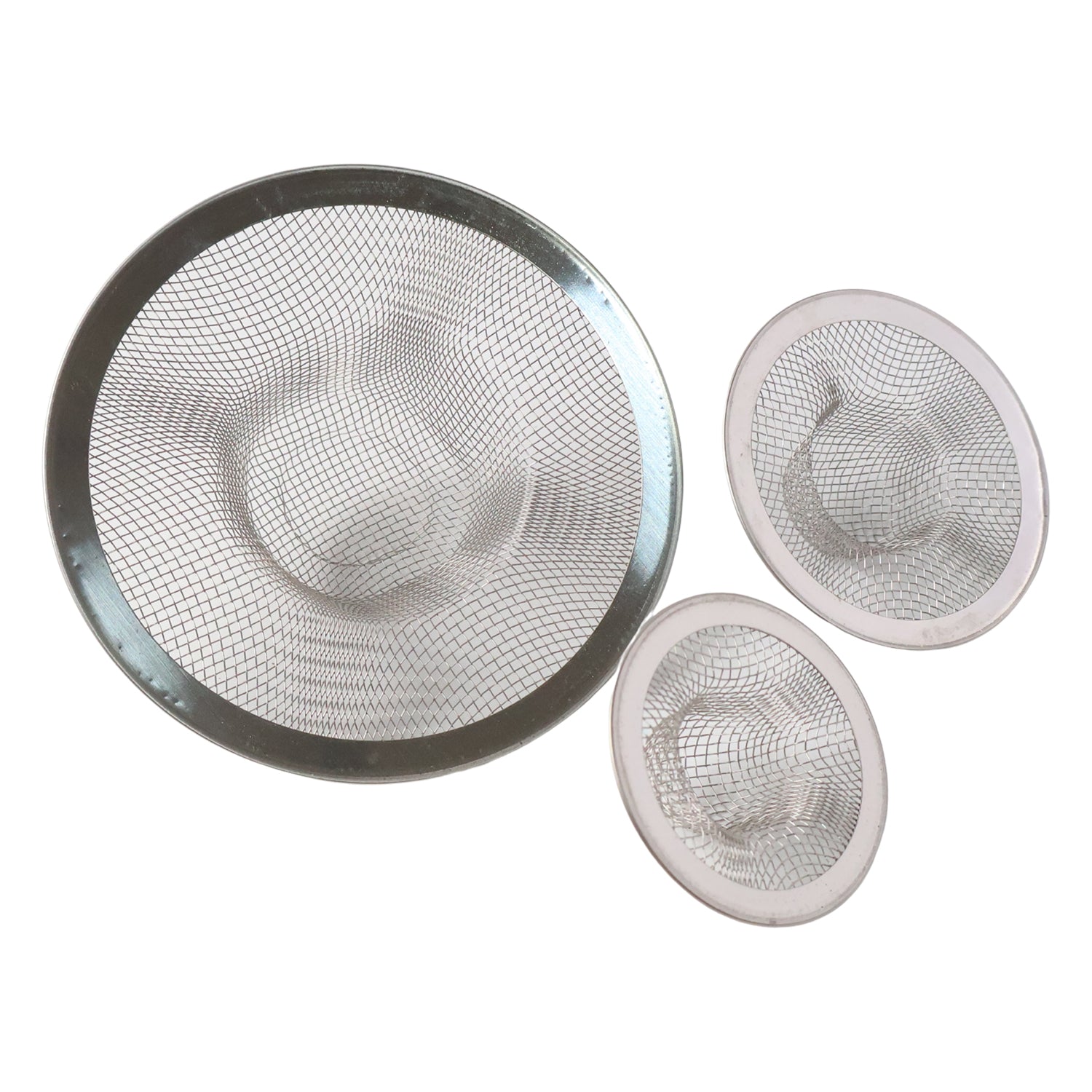 Wukusy stainless steel sink drain strainer set with three durable mesh strainers for kitchen sink drainage.
