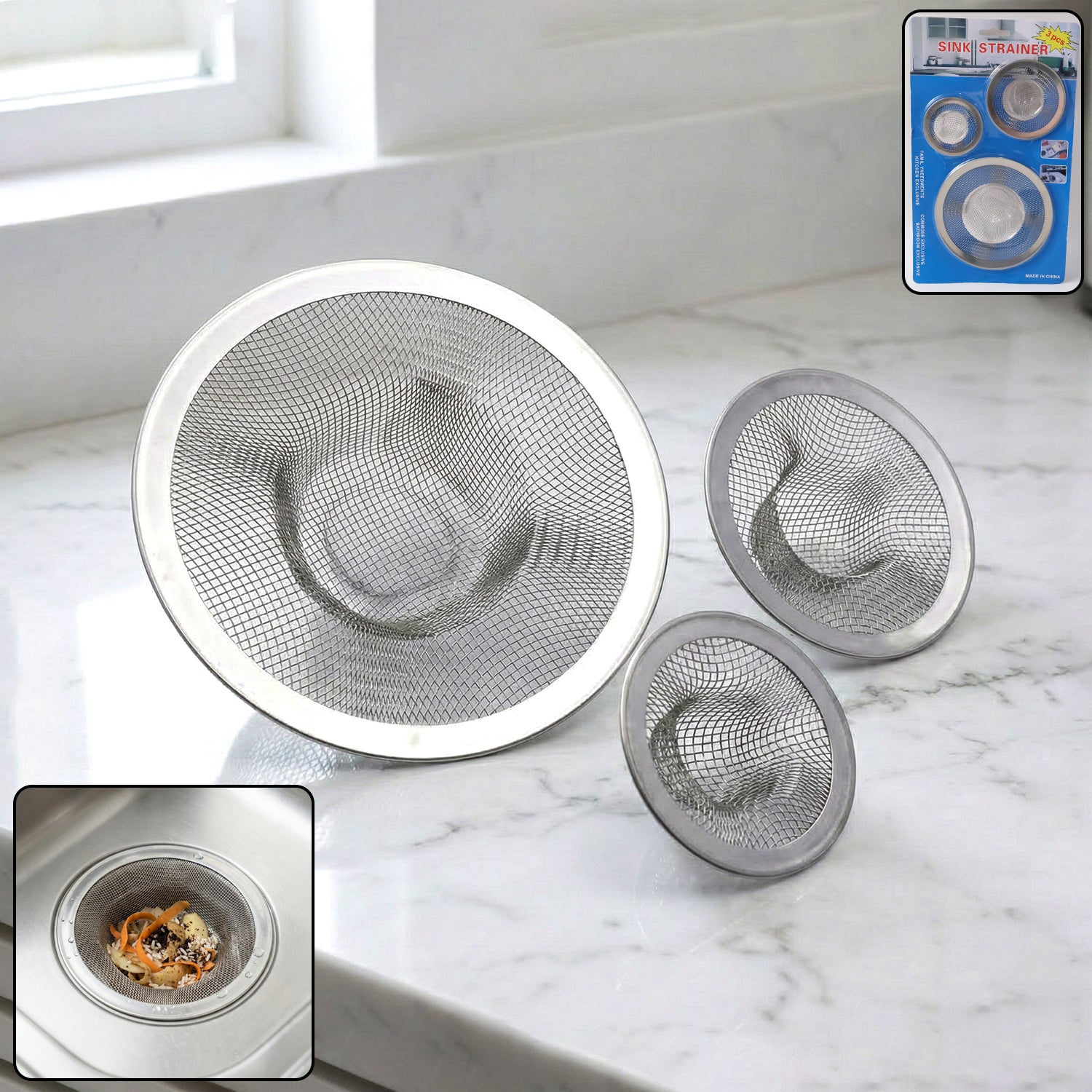 Set of three Wukusy stainless steel sink drain strainers, small mesh filters for kitchen sinks.