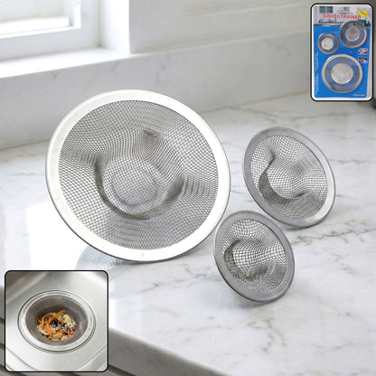 Set of three Wukusy stainless steel sink drain strainers, small mesh filters for kitchen sinks.