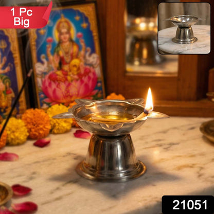 Stainless steel sunflower design diya stand in large size, decorative holder for oil lamps, by Wukusy.
