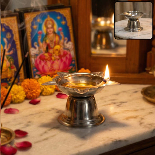 Stainless steel sunflower design diya stand in large size, decorative holder for oil lamps, by Wukusy.