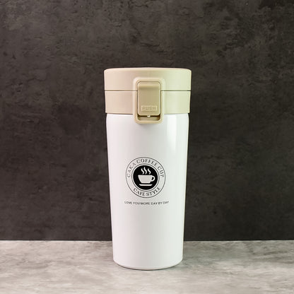 Wukusy stainless steel vacuum insulated coffee flask with flip lock lid, 400ml capacity, durable and portable for hot beverages