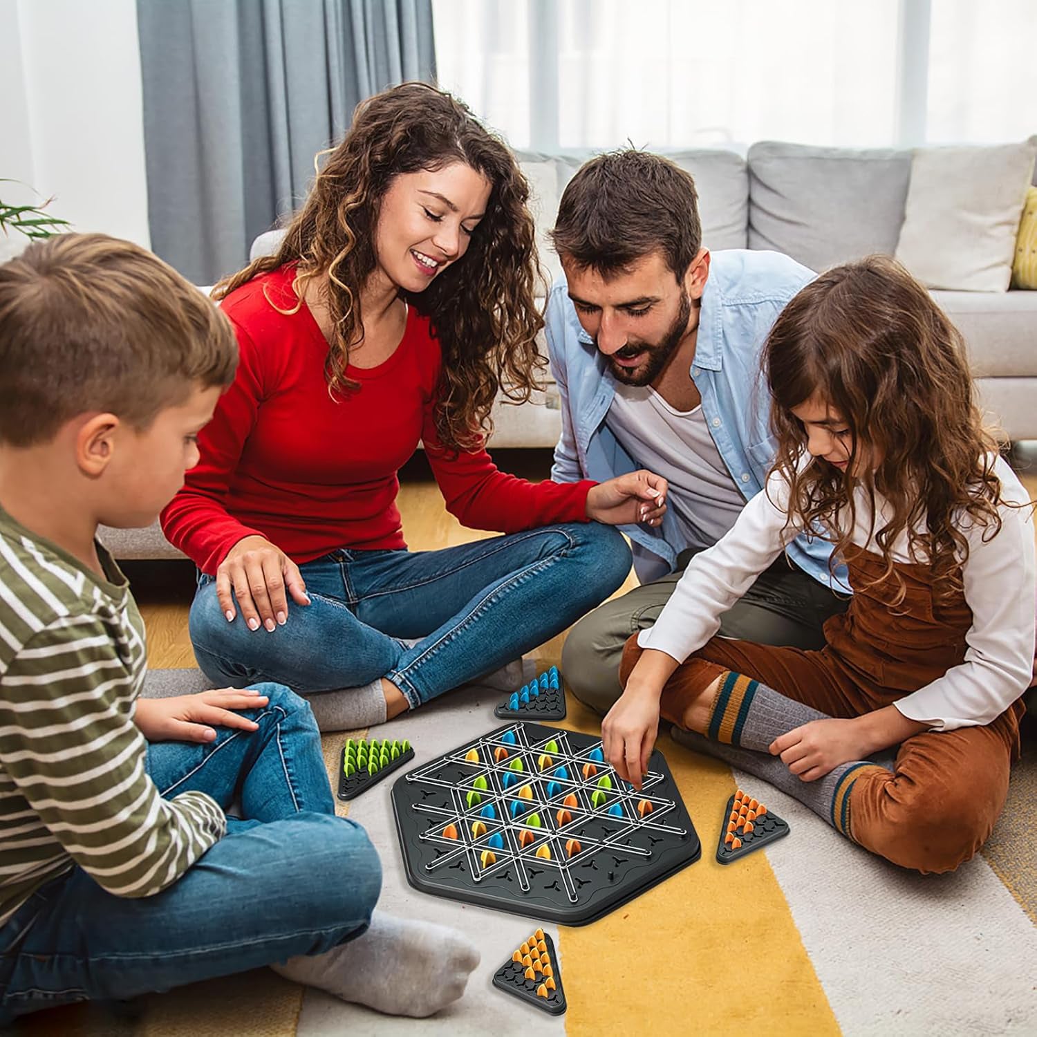 Wukusy strategic triangle color matching puzzle board game for kids and family, featuring colorful triangle pieces on a game board.