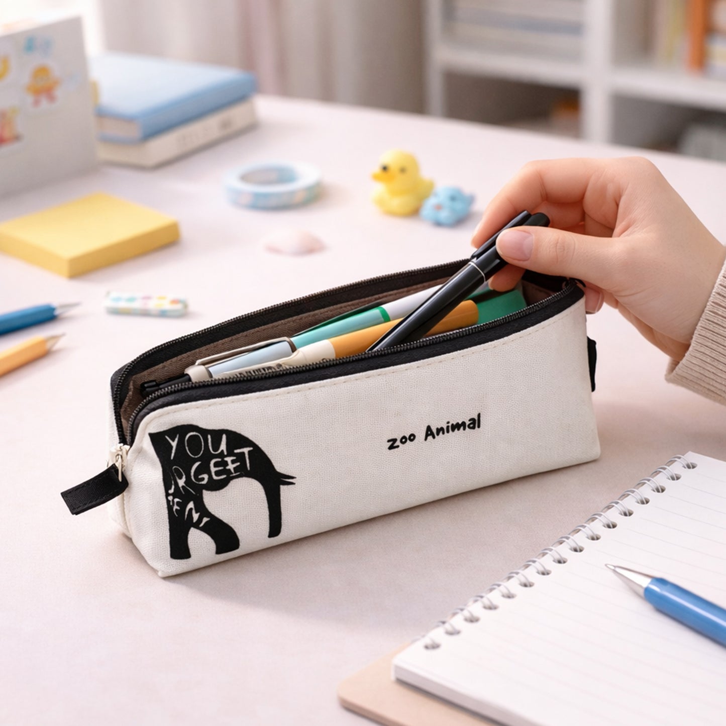 Wukusy stylish canvas pencil pouch, compact and durable, with a zipper closure for organizing stationery.