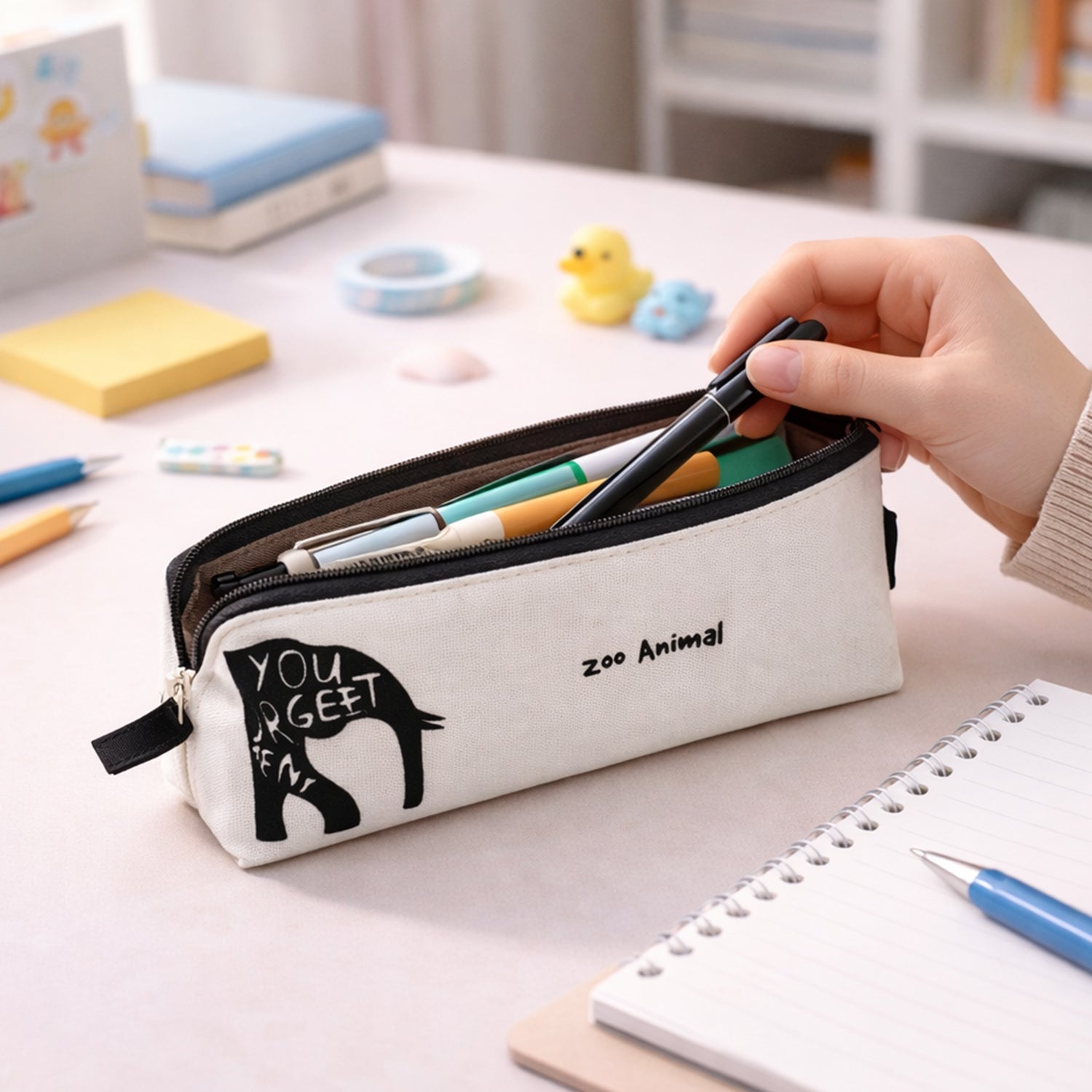 Wukusy stylish canvas pencil pouch, compact and durable, with a zipper closure for organizing stationery.