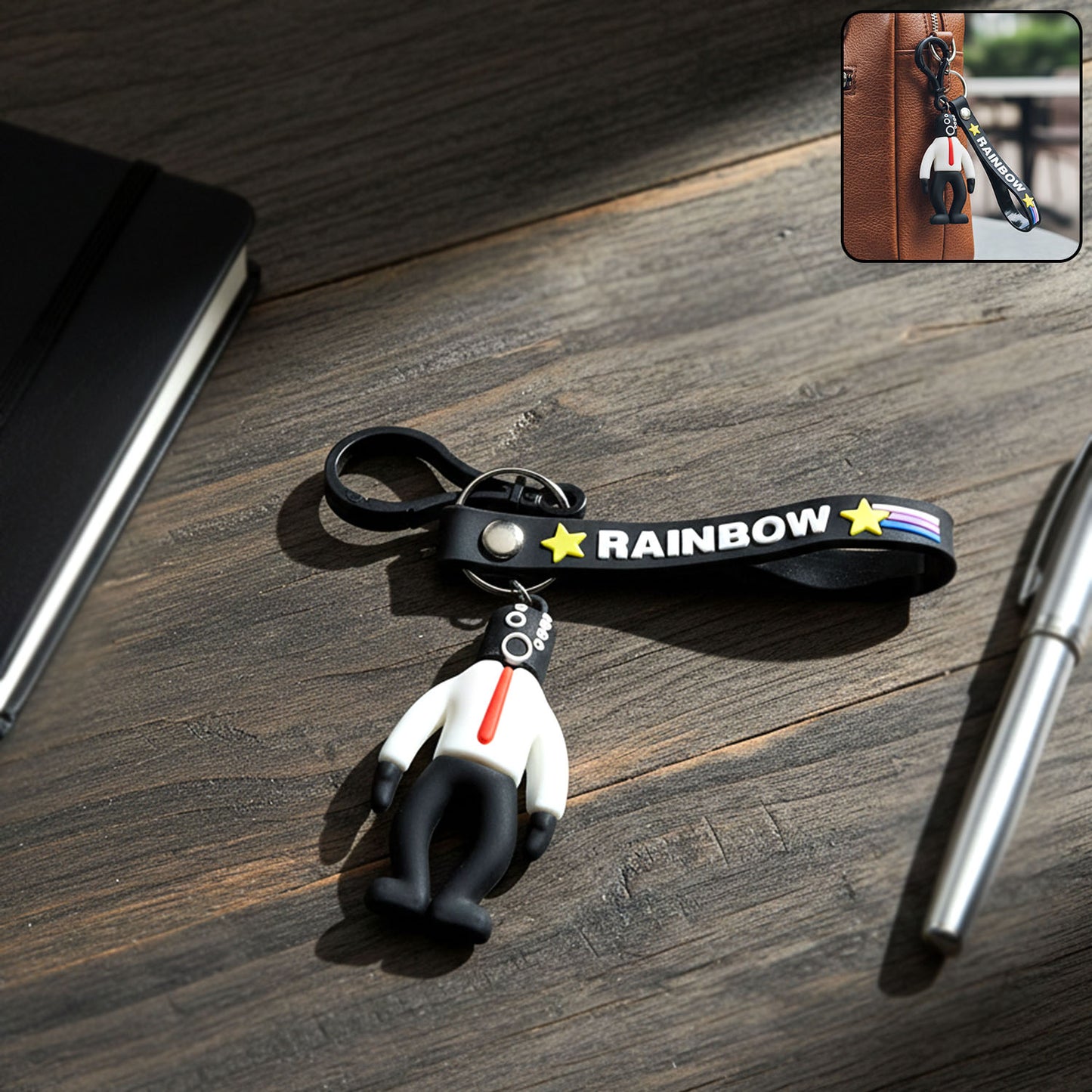 Stylish cartoon man figure keychain by Wukusy, featuring a detailed male character design on a compact keychain accessory.