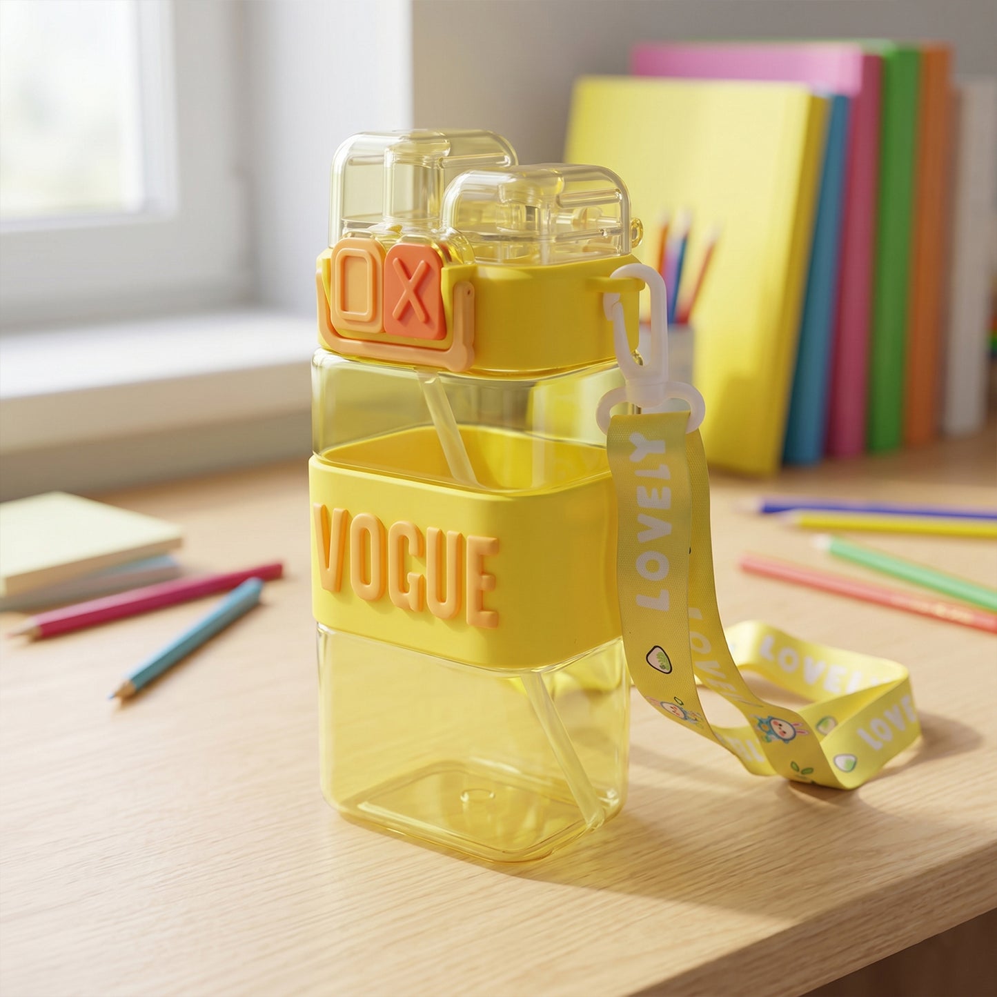 Wukusy stylish kids plastic water bottle with straw and leakproof lid, 500 ml capacity, featuring colorful design and secure lid.