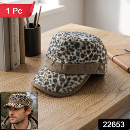 Wukusy stylish leopard print military style cap with adjustable strap, featuring bold animal print and structured design.