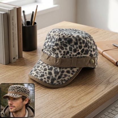 Wukusy leopard print military style cap featuring a stylish design, adjustable strap, and bold animal print for a trendy look.