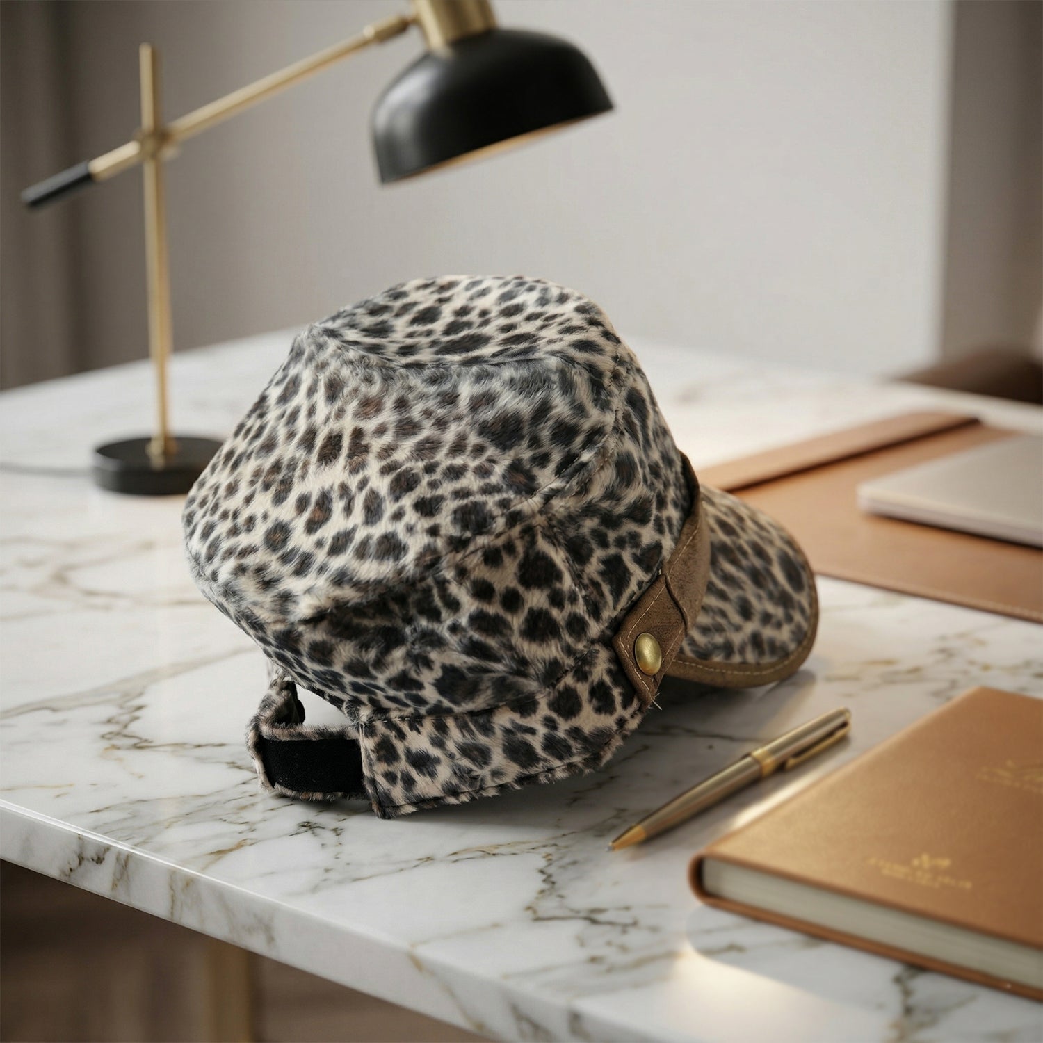 Wukusy leopard print military style cap featuring a bold pattern, adjustable brim, and classic design for casual fashion.