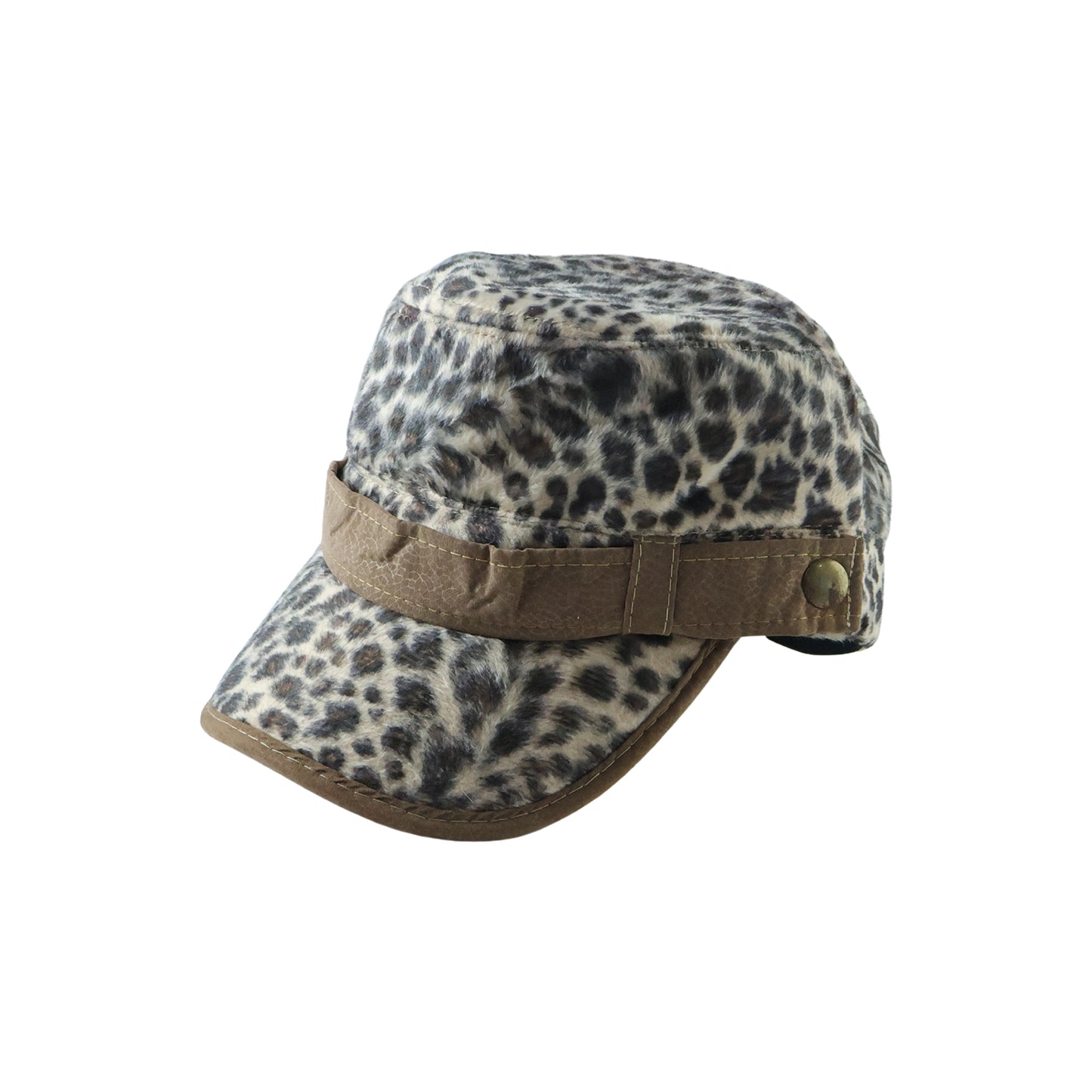 Wukusy stylish leopard print military style cap featuring a curved brim and adjustable strap on a neutral background.