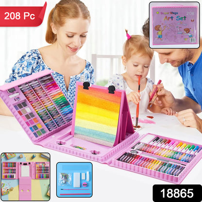 Wukusy Super Mega Art Craft Drawing Coloring Kit with 208 pieces including markers, crayons, and paper for creative art projects