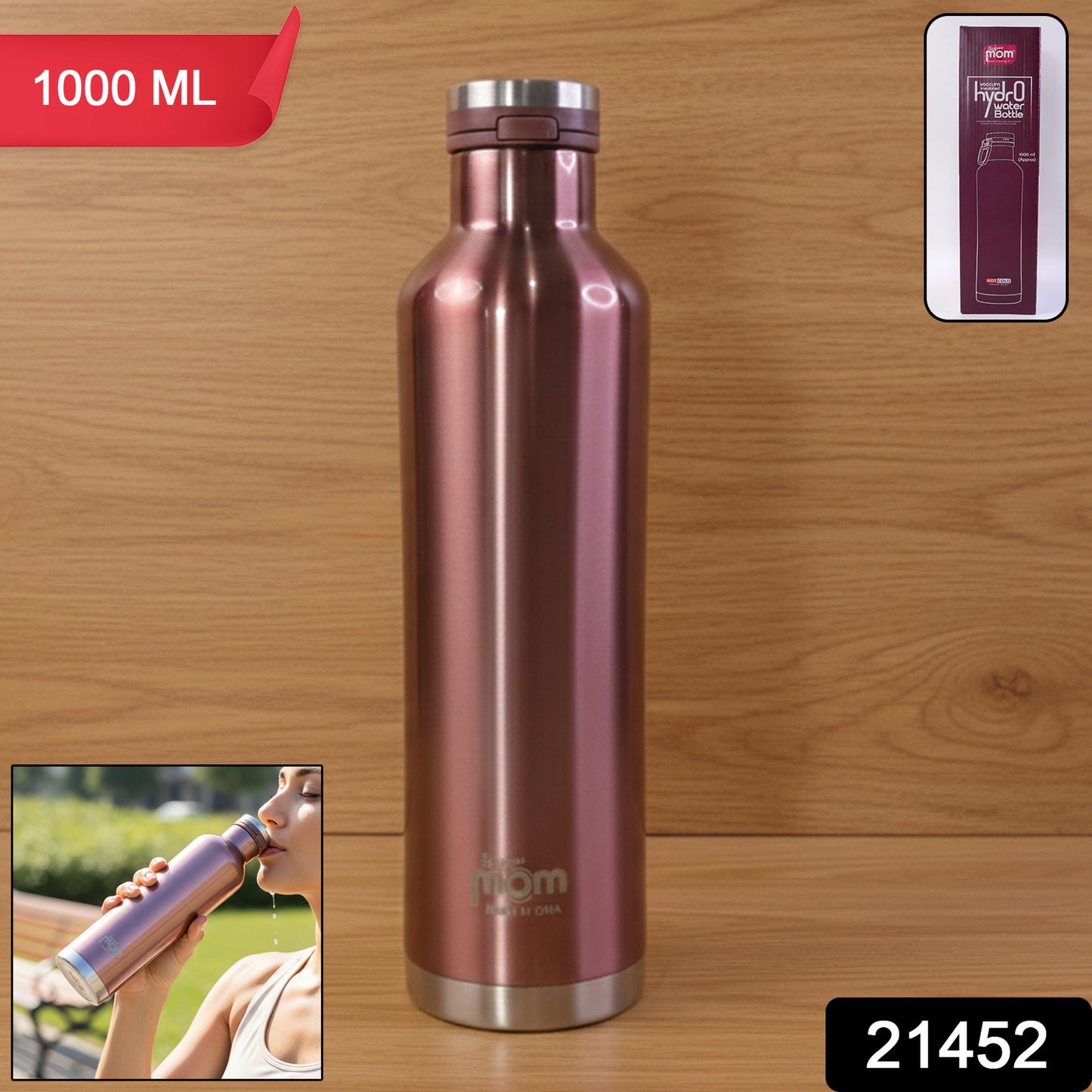 Wukusy Supermom 1000ml stainless steel insulated hydro water bottle with vacuum flask, featuring a sleek, durable design for hot and cold drinks.