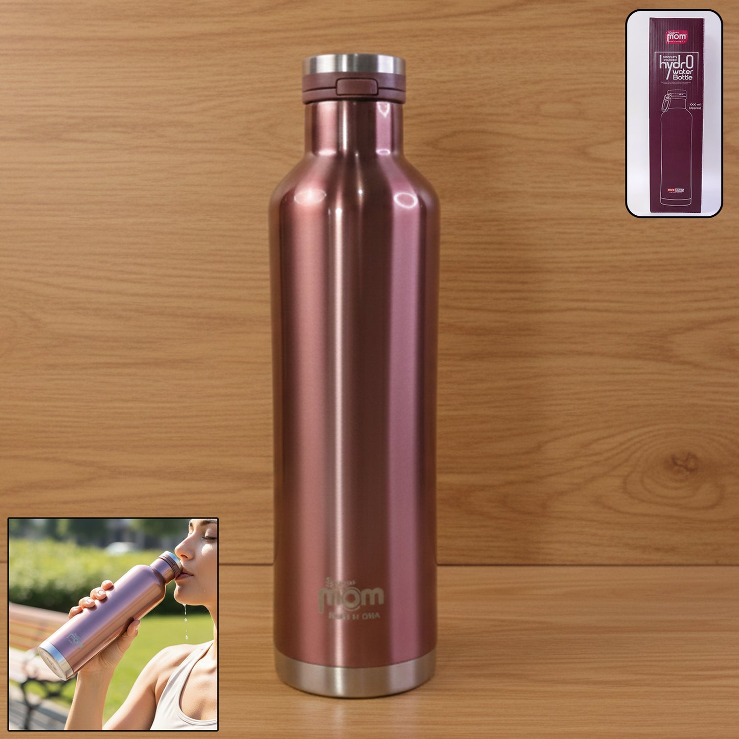 Wukusy Supermom 1000ml stainless steel insulated hydro water bottle with vacuum flask, shiny silver finish and ergonomic design