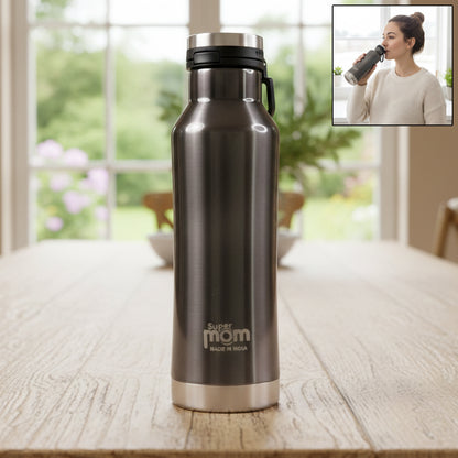 Wukusy Supermom 500ml stainless steel insulated water bottle with vacuum flask, featuring a sleek design and leak-proof cap.