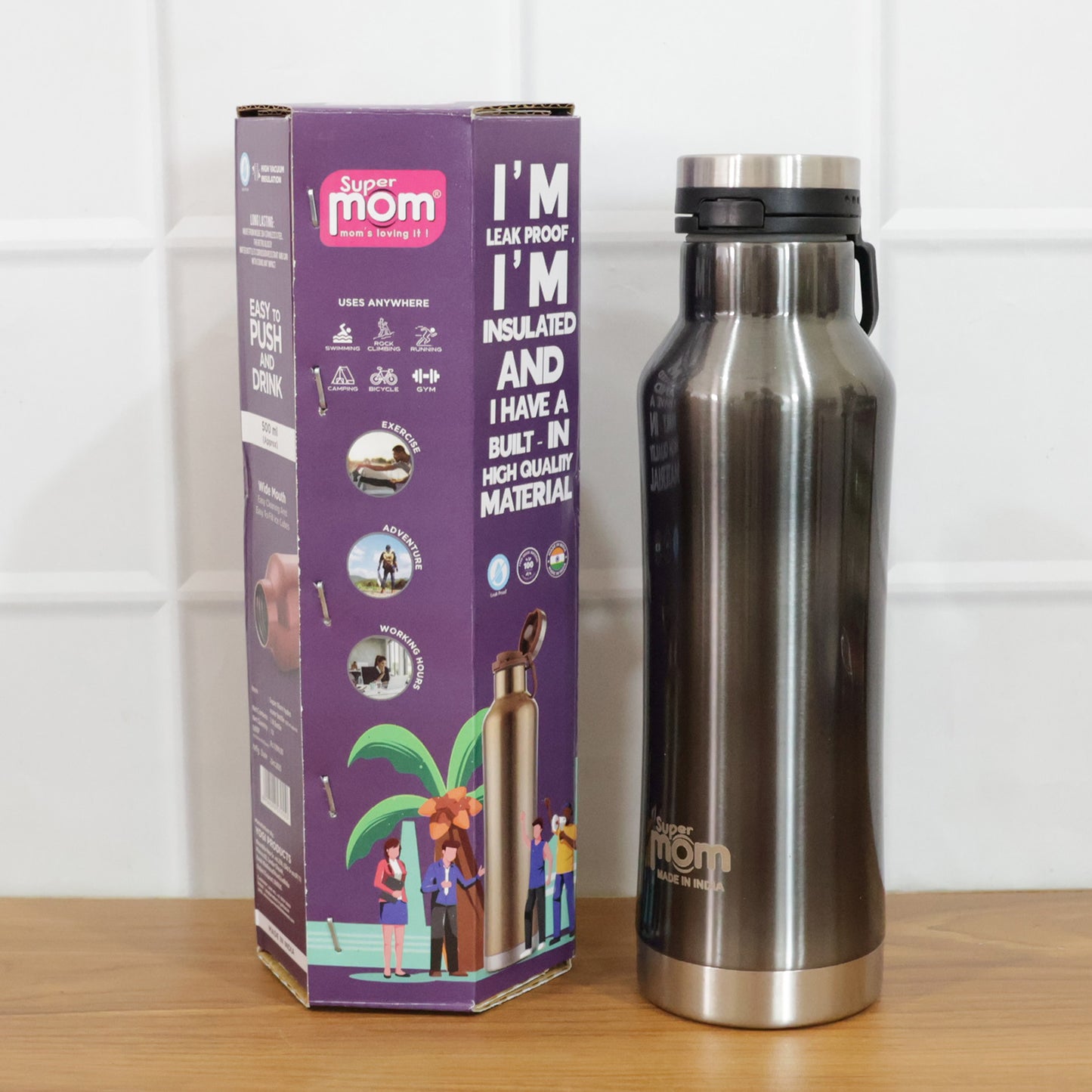 Wukusy Supermom 500ml stainless steel insulated hydro water bottle with vacuum flask, showing sleek design and secure lid.