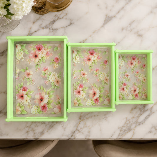 Wukusy Supermom floral printed 3-piece serving tray set with decorative handles for serving food and drinks.