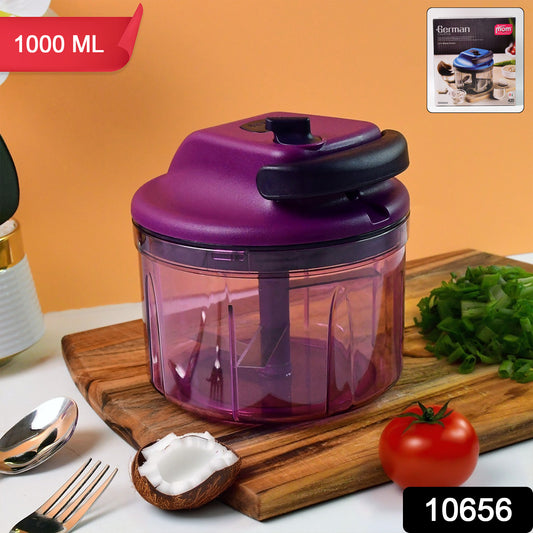 Wukusy Supermom German-style manual vegetable chopper with 1000 ml capacity, hand-operated and stainless steel blades.