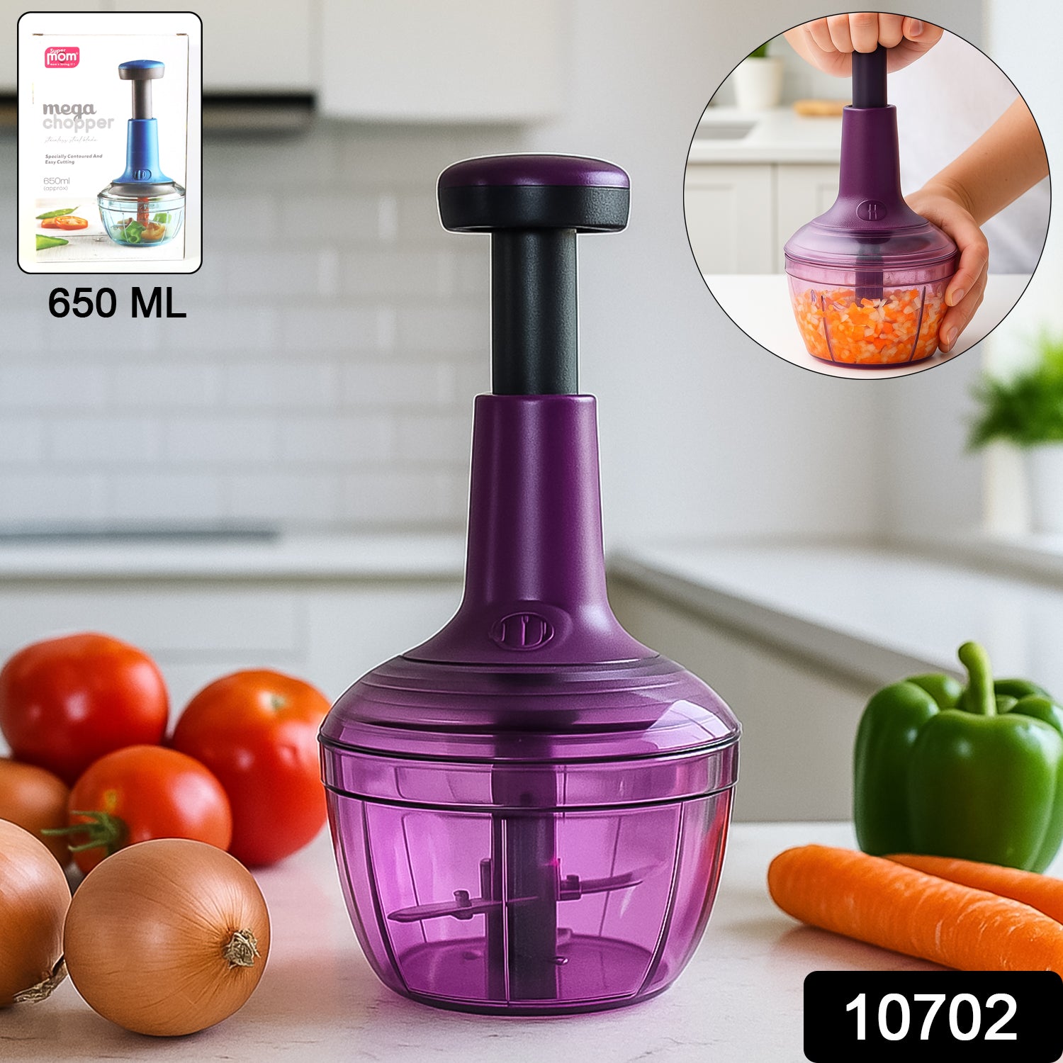 Wukusy Supermom manual push vegetable chopper with 650 ml capacity, featuring a compact design for easy chopping of vegetables.