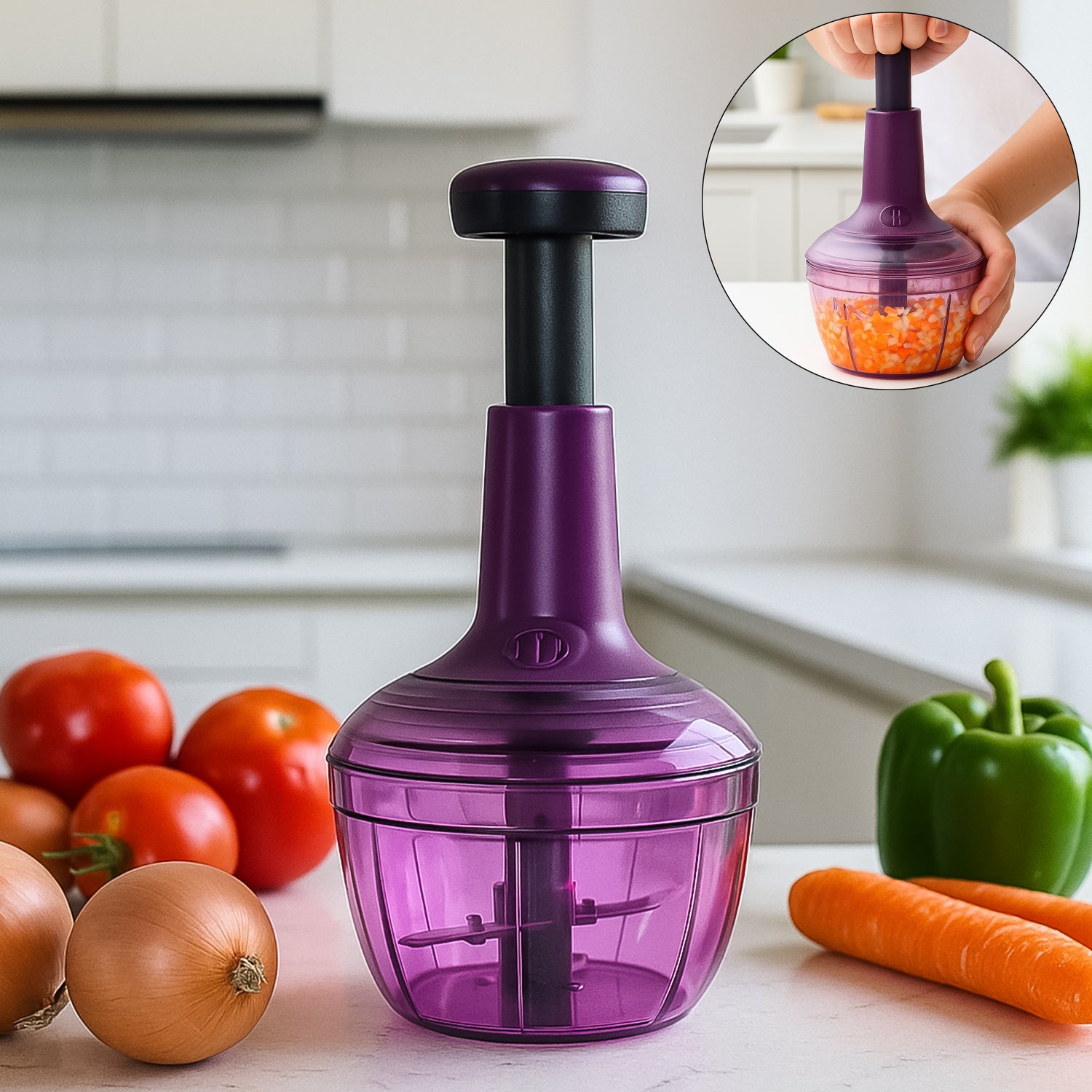 Wukusy Supermom manual push vegetable chopper with 650ml capacity, featuring a clear container and stainless steel blades.