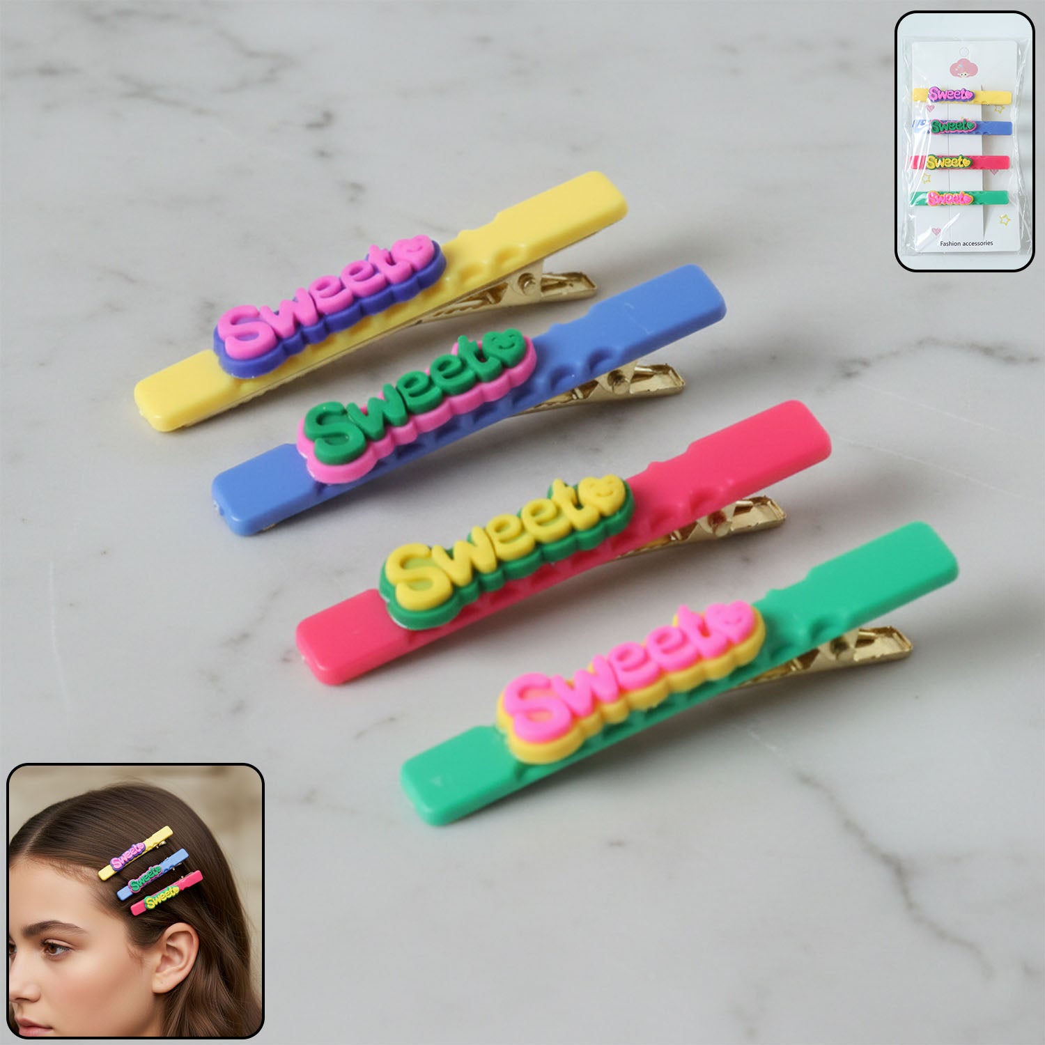 Set of four Wukusy Sweet Text decorative hair clips featuring colorful, playful designs for stylish hair accessories.