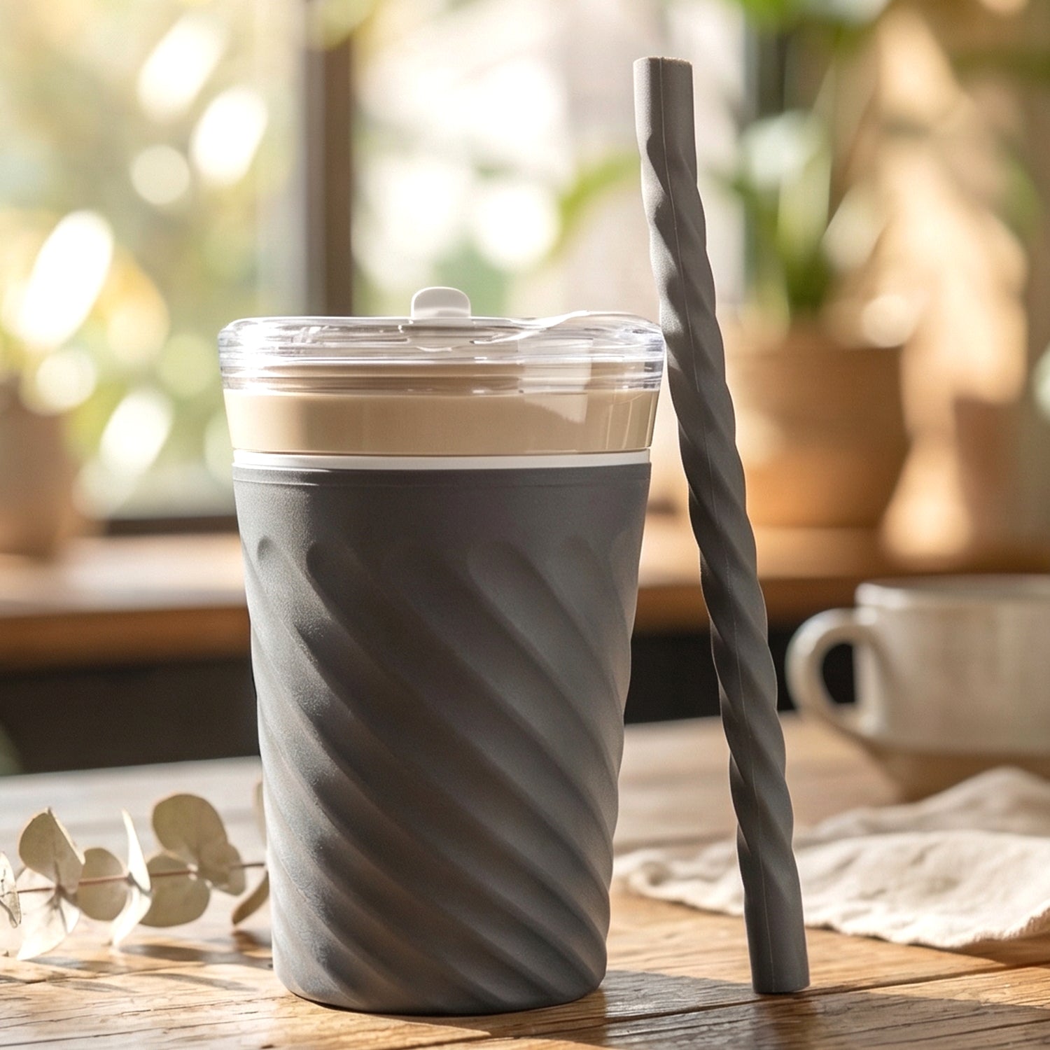 Wukusy swirl design drinking tumbler cup with lid and straw, 1 piece, featuring colorful spiral pattern and secure lid.