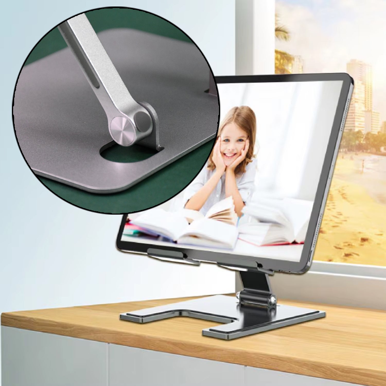 Wukusy metal alloy adjustable tablet stand on desk, ergonomic foldable holder for tablets and mobile phones, sturdy and sleek design
