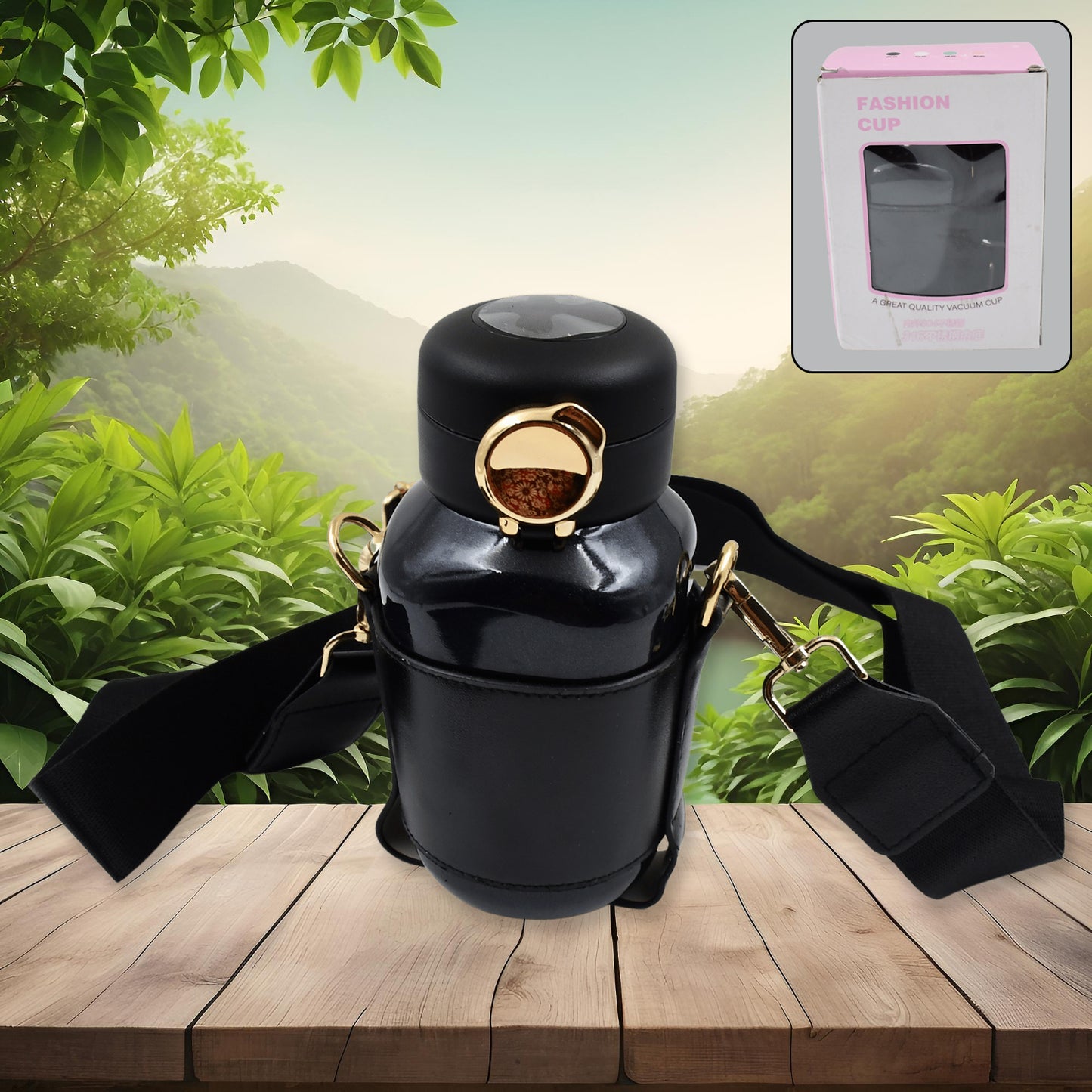 Wukusy thermos steel bottle with push button lid, fashion cup design, temperature display, 420 ml capacity, stainless steel construction