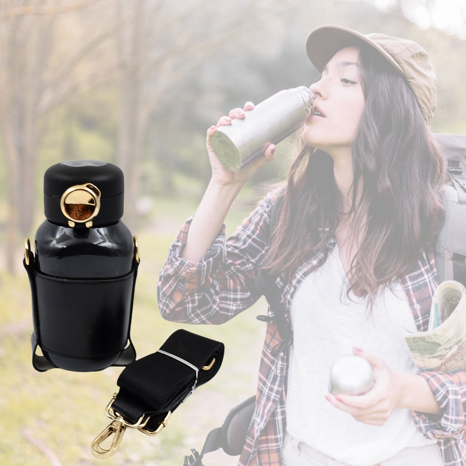 Wukusy stainless steel thermos bottle with push button lid and temperature display, 420 ml, suitable for hot and cold beverages.