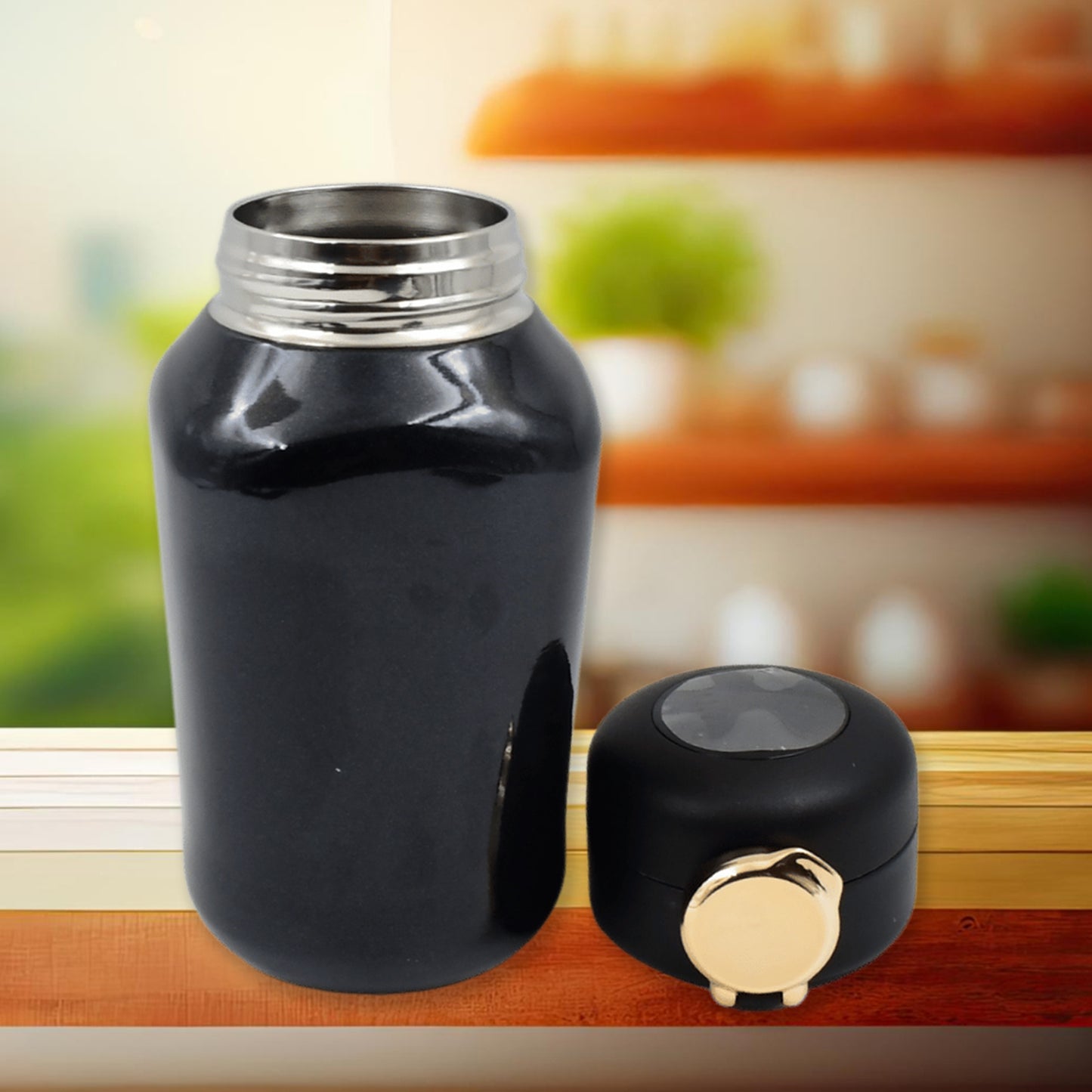 Wukusy Thermos steel bottle with push button lid, fashion cup design, 420 ml capacity, temperature display, stainless steel construction.