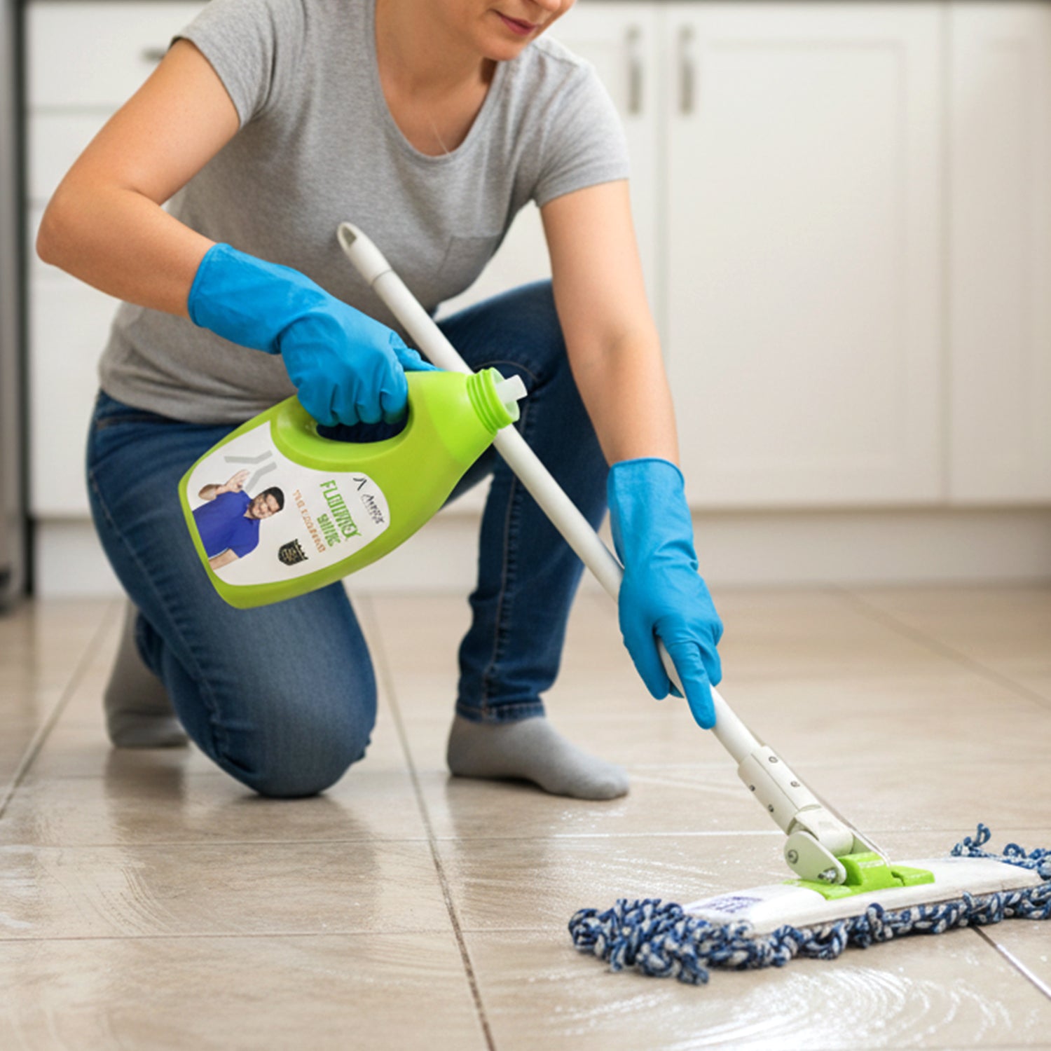 Wukusy tile cleaner liquid for floors, marble, and tile surfaces, 1-liter bottle with cleaning solution for shiny, spotless floors.