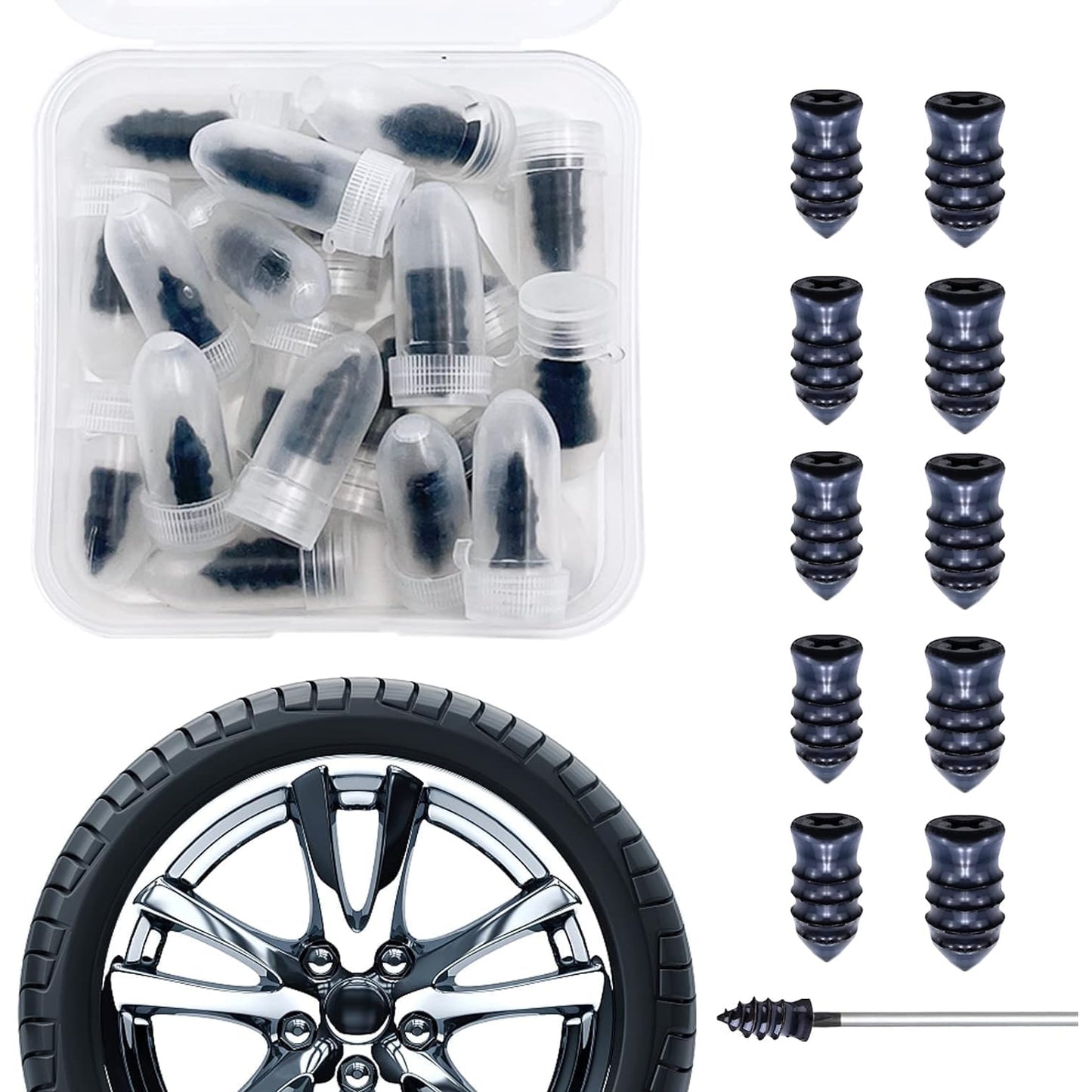 Set of 10 black Wukusy tire repair rubber nails and screws for car tires, shown arranged on a clean surface.
