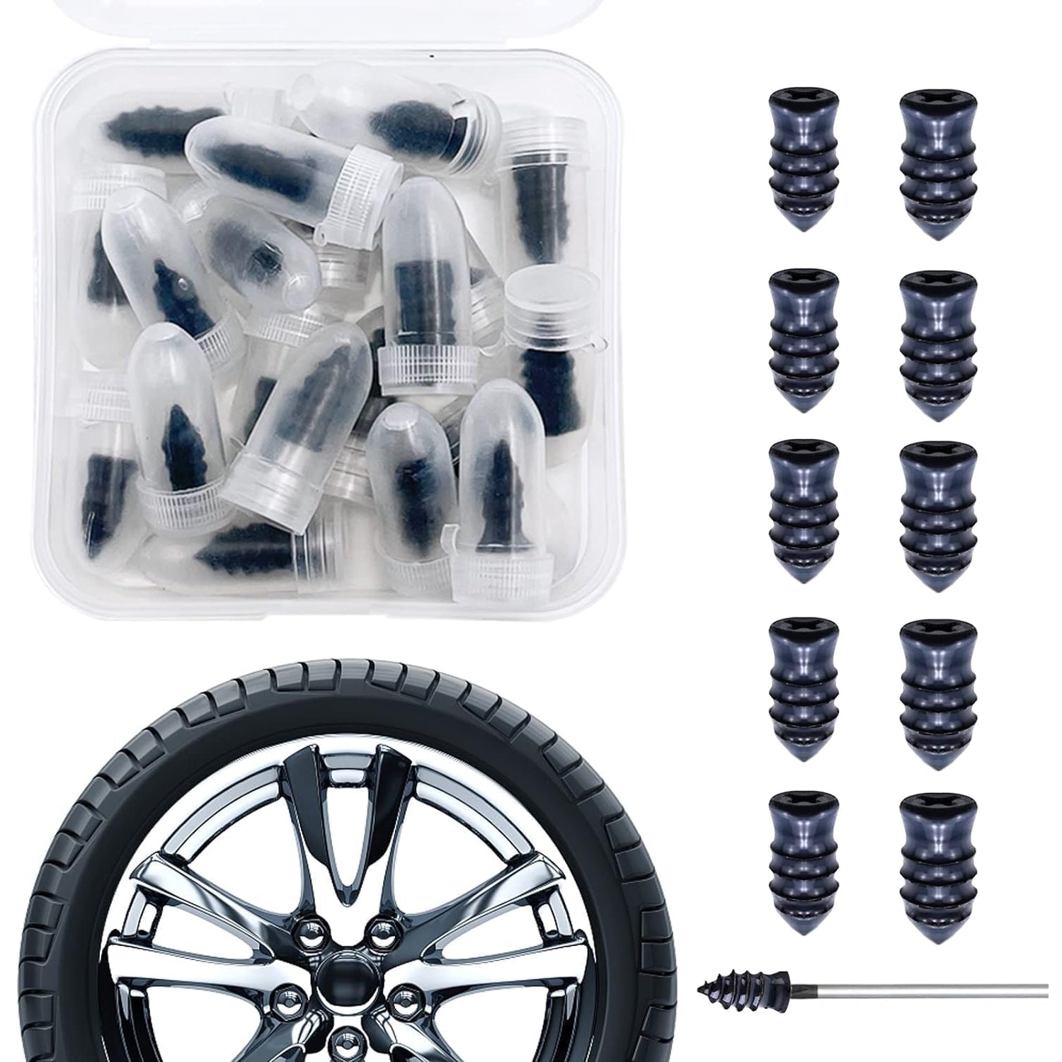 Set of 10 black Wukusy tire repair rubber nails and screws for car tires, shown arranged on a clean surface.