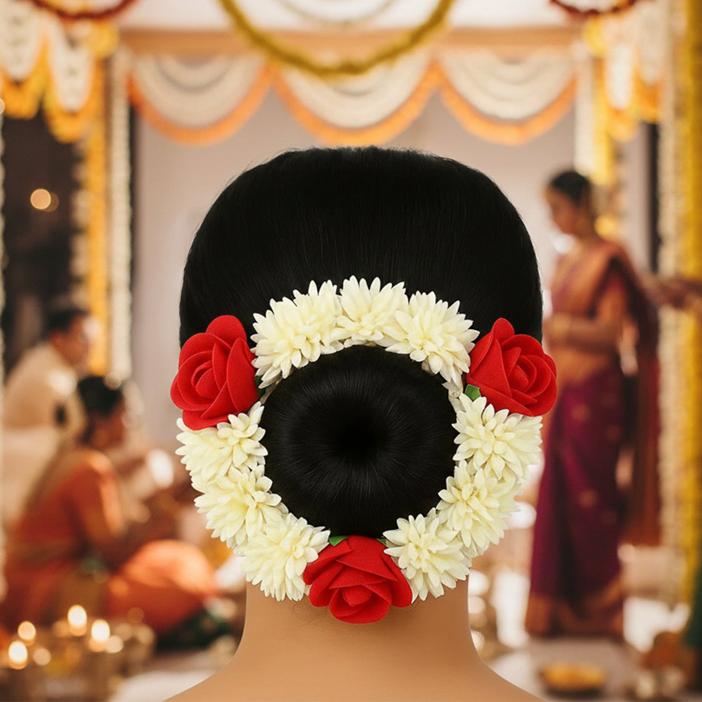 Artificial flower Gajra by Wukusy, traditional floral hair accessory with colorful synthetic flowers and green leaves.