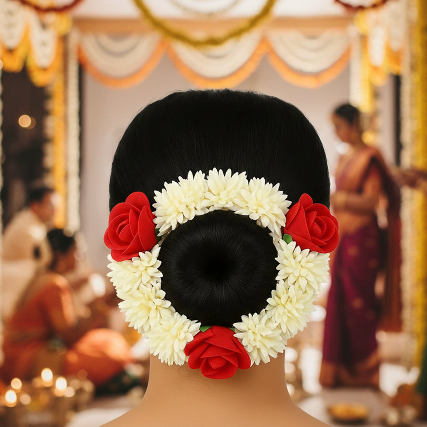 Artificial flower Gajra by Wukusy, traditional floral hair accessory with colorful synthetic flowers and green leaves.