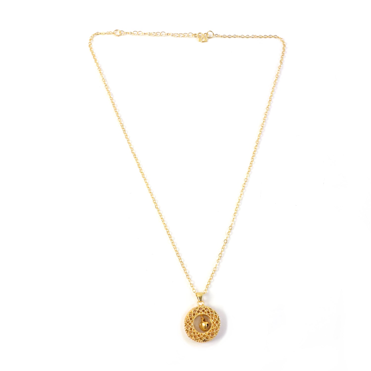 Gold-tone round jhumka pendant chain necklace from Wukusy with traditional design and intricate detailing.