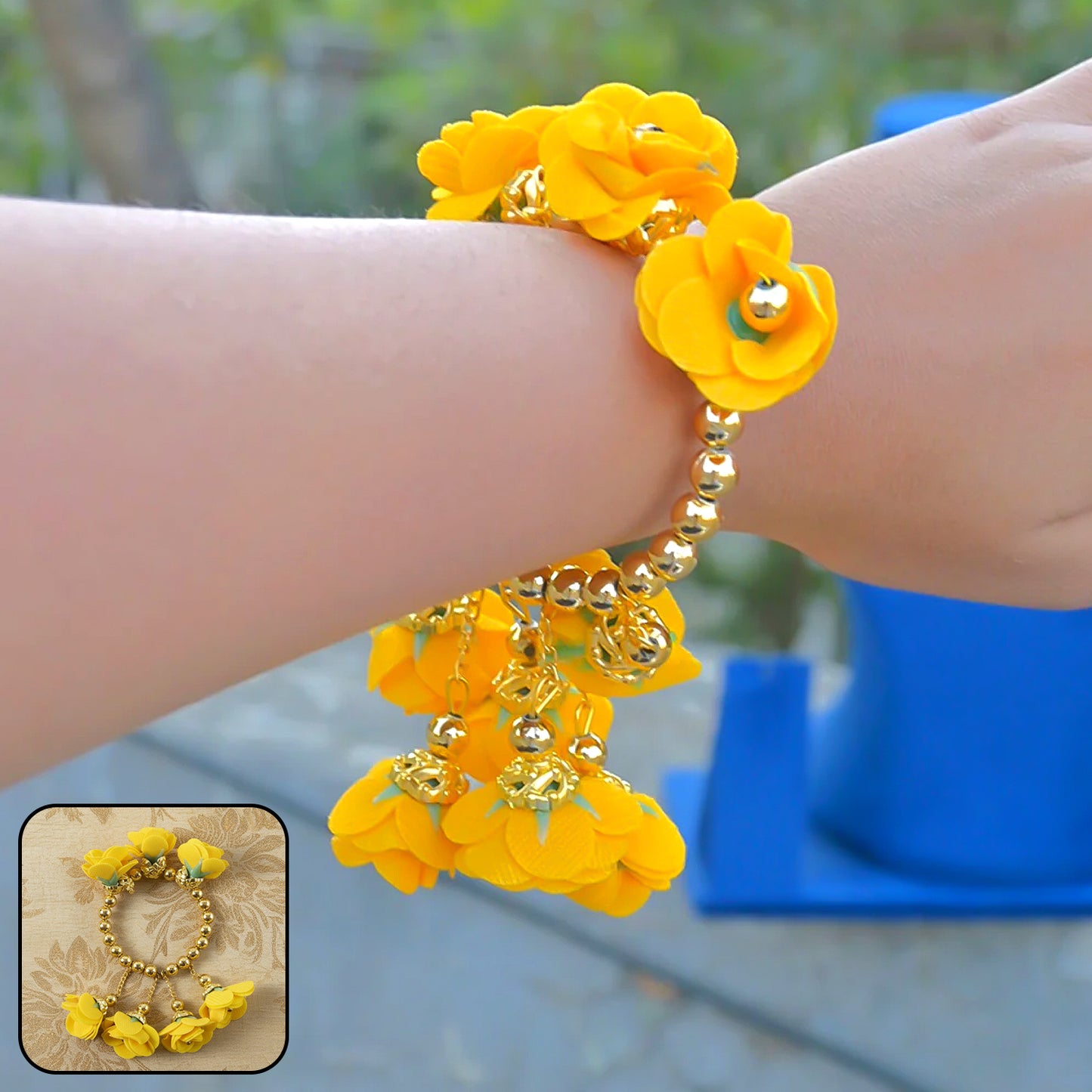 Traditional Pooja wrist ornament Haldi Kada bracelet by Wukusy, gold-toned bracelet with intricate design for religious ceremonies.