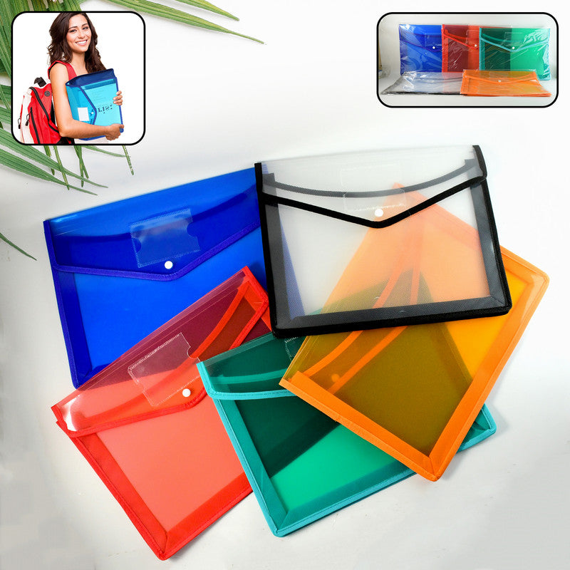 Wukusy transparent document file folder with multi-color button closure, designed for organizing papers and files.