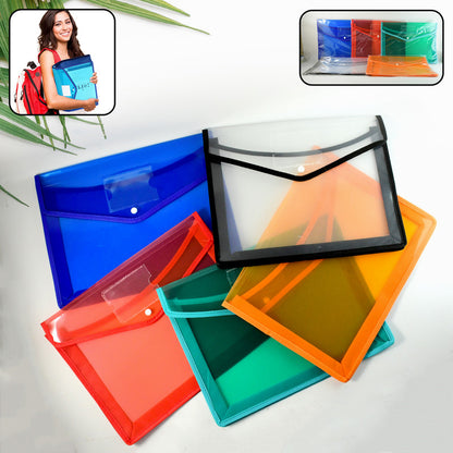 Wukusy transparent document file folder with multi-color button closure, designed for organizing papers and files.